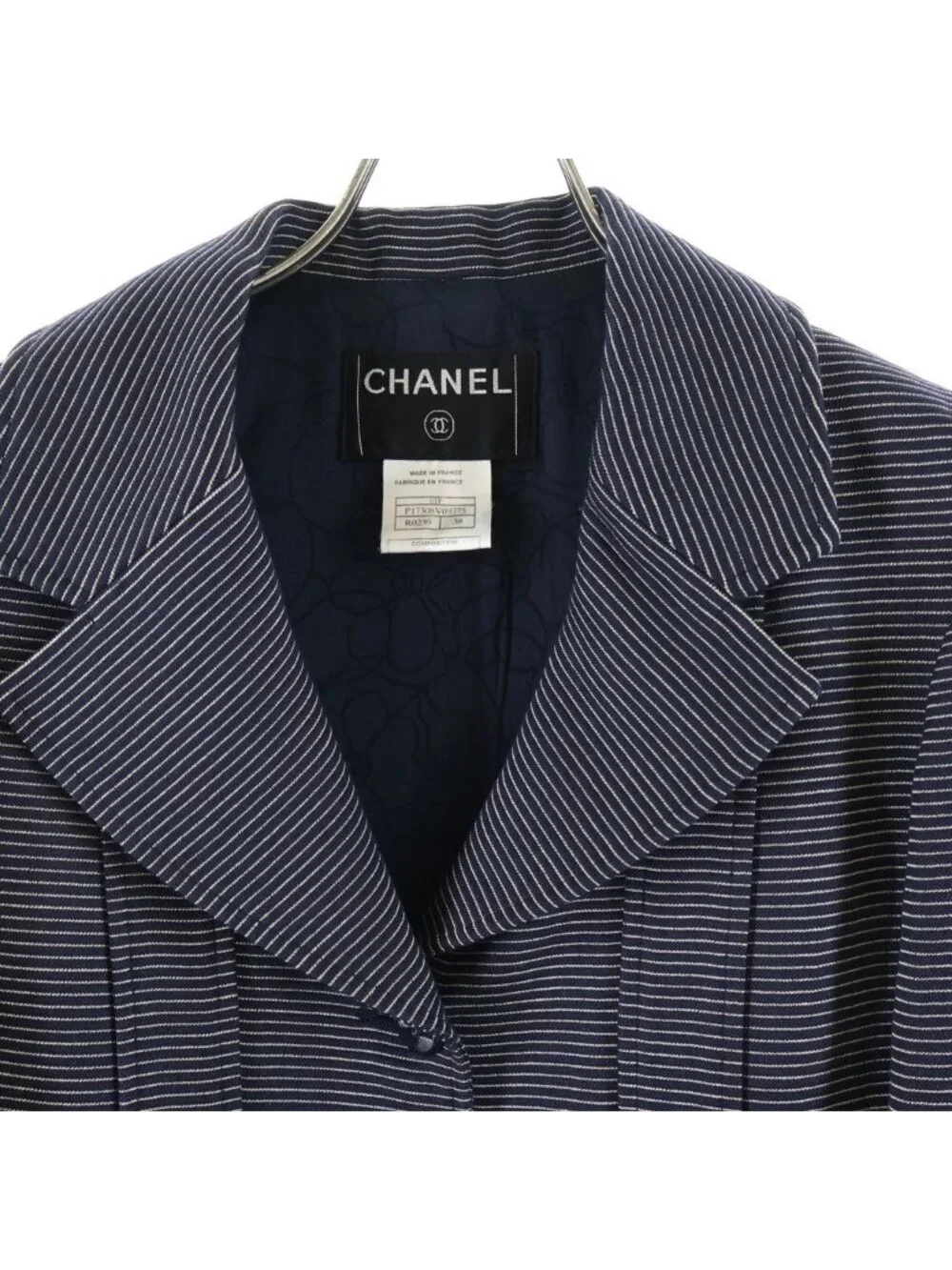 Chanel Jacket Border Camellia Wool Silk Navy